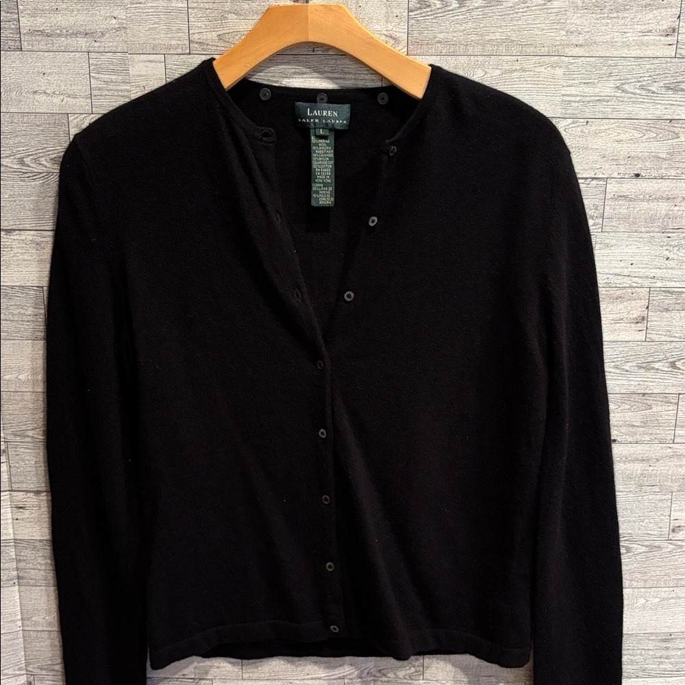 Lauren Ralph Lauren merino wool‎ cashmere angora black cardigan sweater classic